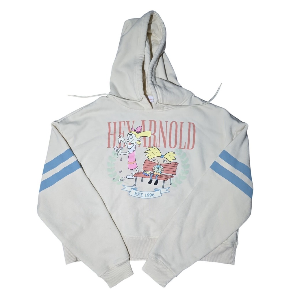 Nickelodeon Hey Arnold Hoodie Women Large‎ Cream Cropped Varsity Stripe Retro